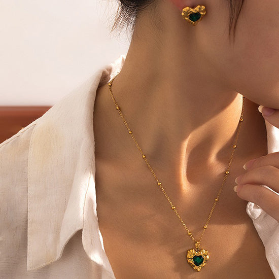 Gold Necklace With Emerald Green And Red Gemstone