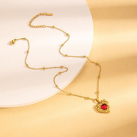 Gold Necklace With Emerald Green And Red Gemstone